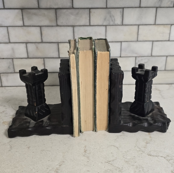Vintage 70s Spanish Carved Wood Castle Bookends - Picture 3 of 8